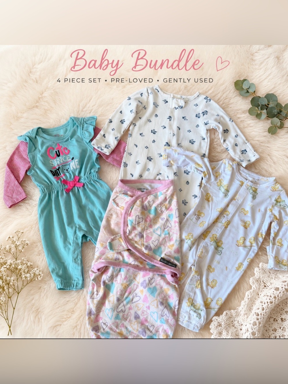 #35-BABY GIRL BUNDLE 🍼 Baby 4 Pc Bundle 0-3M w/Outfits ~SwaddleMe & Bamboo